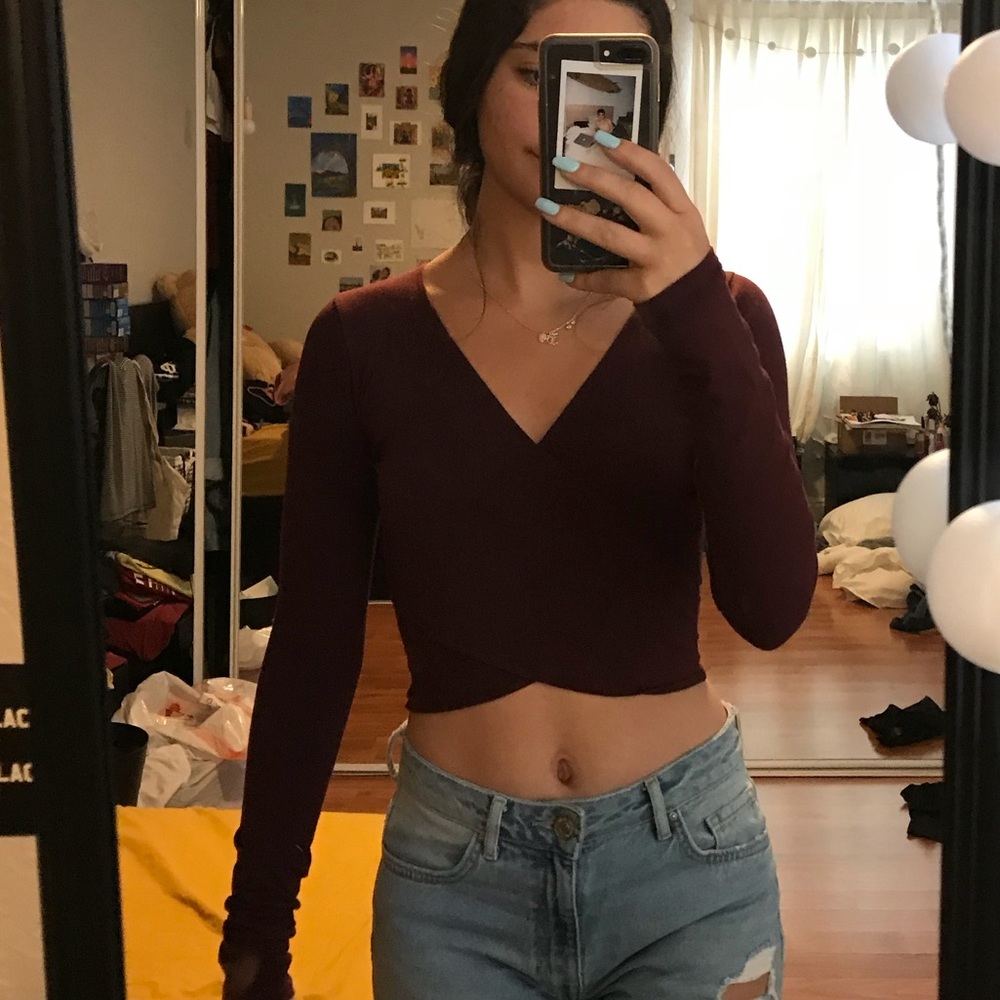 fitted crossover long sleeve maroon top